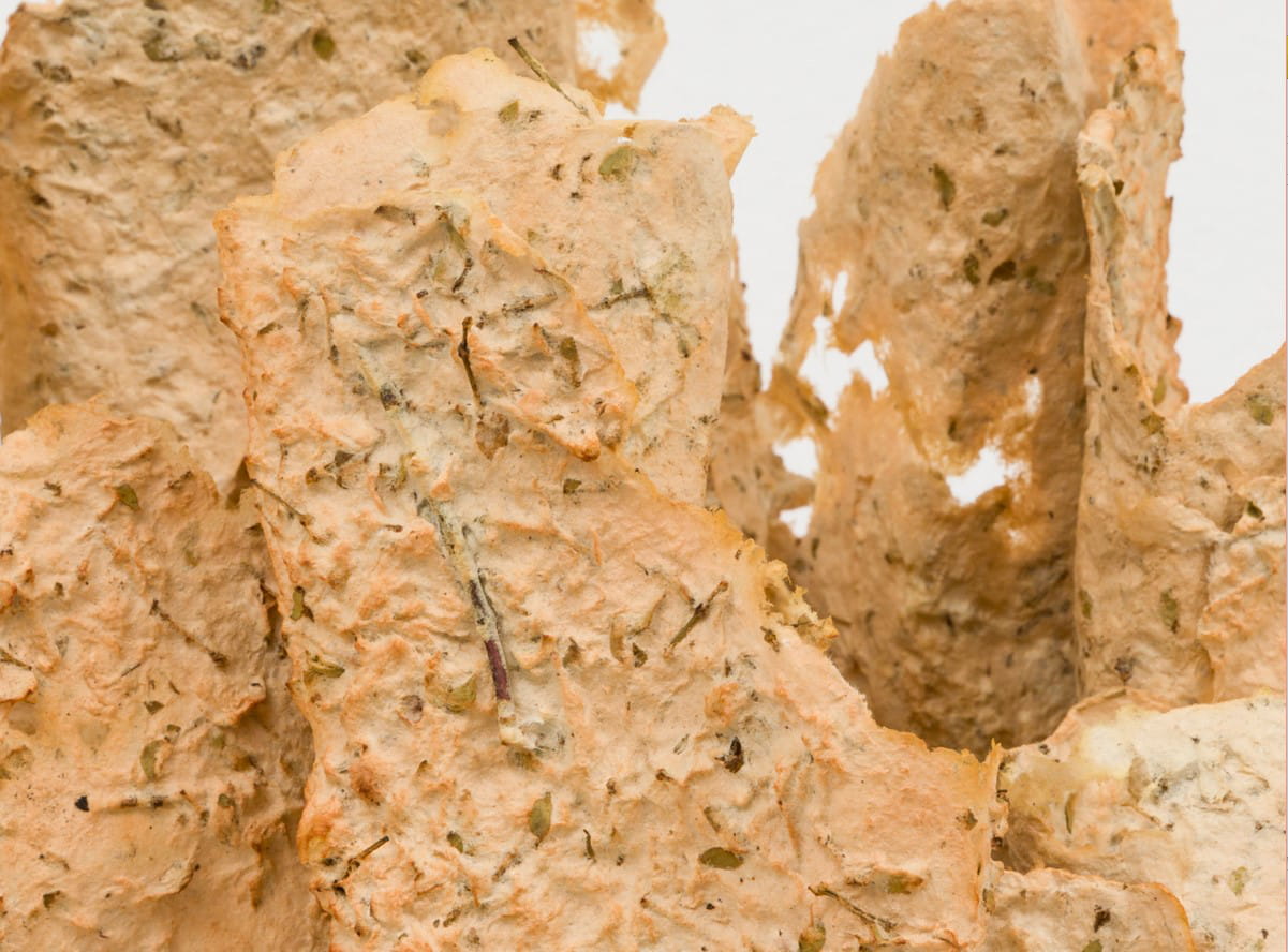 Close-up detail image of Desert Paper 09 basket. The surface is light brown with flecks of dark organic material, and a bumpy but delicate texture.