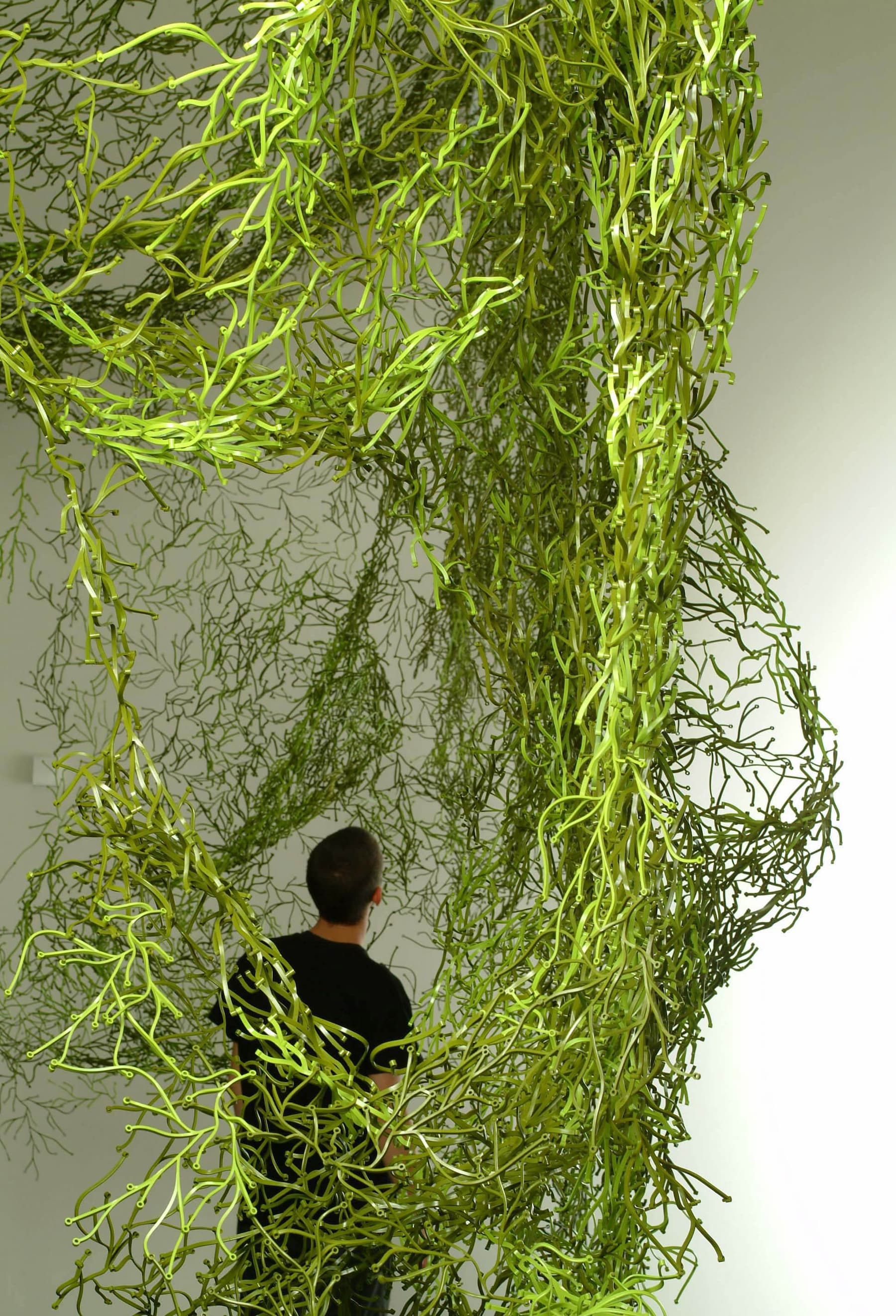 Image of Algues installation with many individual, yellow-green colored, seaweed-like components attached together at multiple points. The resulting screen looks like organically branching structures.