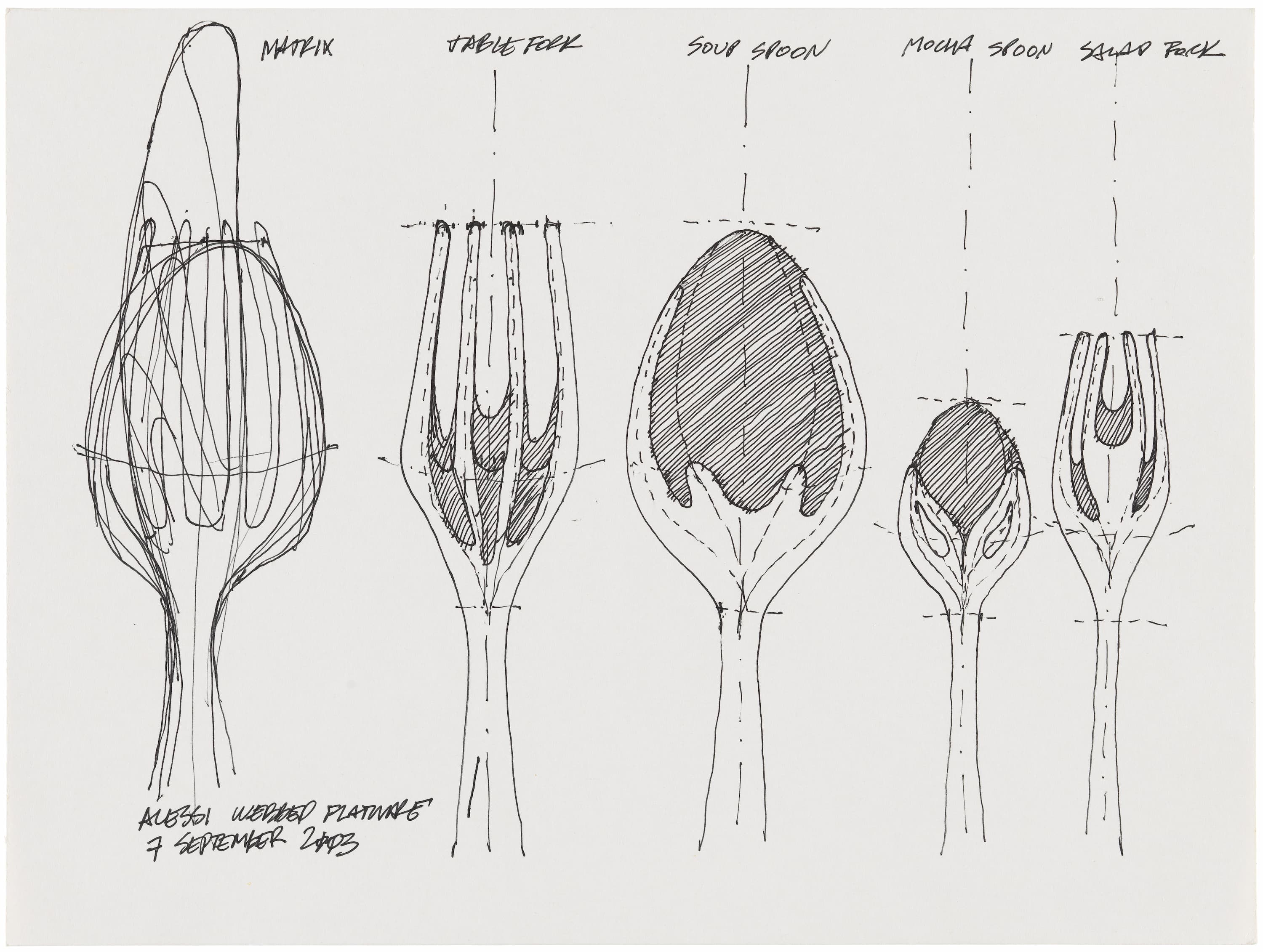 Black ink sketch of flatware. From left to right: a “matrix” sketch of several pieces of overlapping utensils, a “table fork,” a “soup spoon,” a “mocha spoon,” and a “salad fork.” The bottom lefthand corner reads: “Alessi Webbed Flatware, 7 September 2003.”