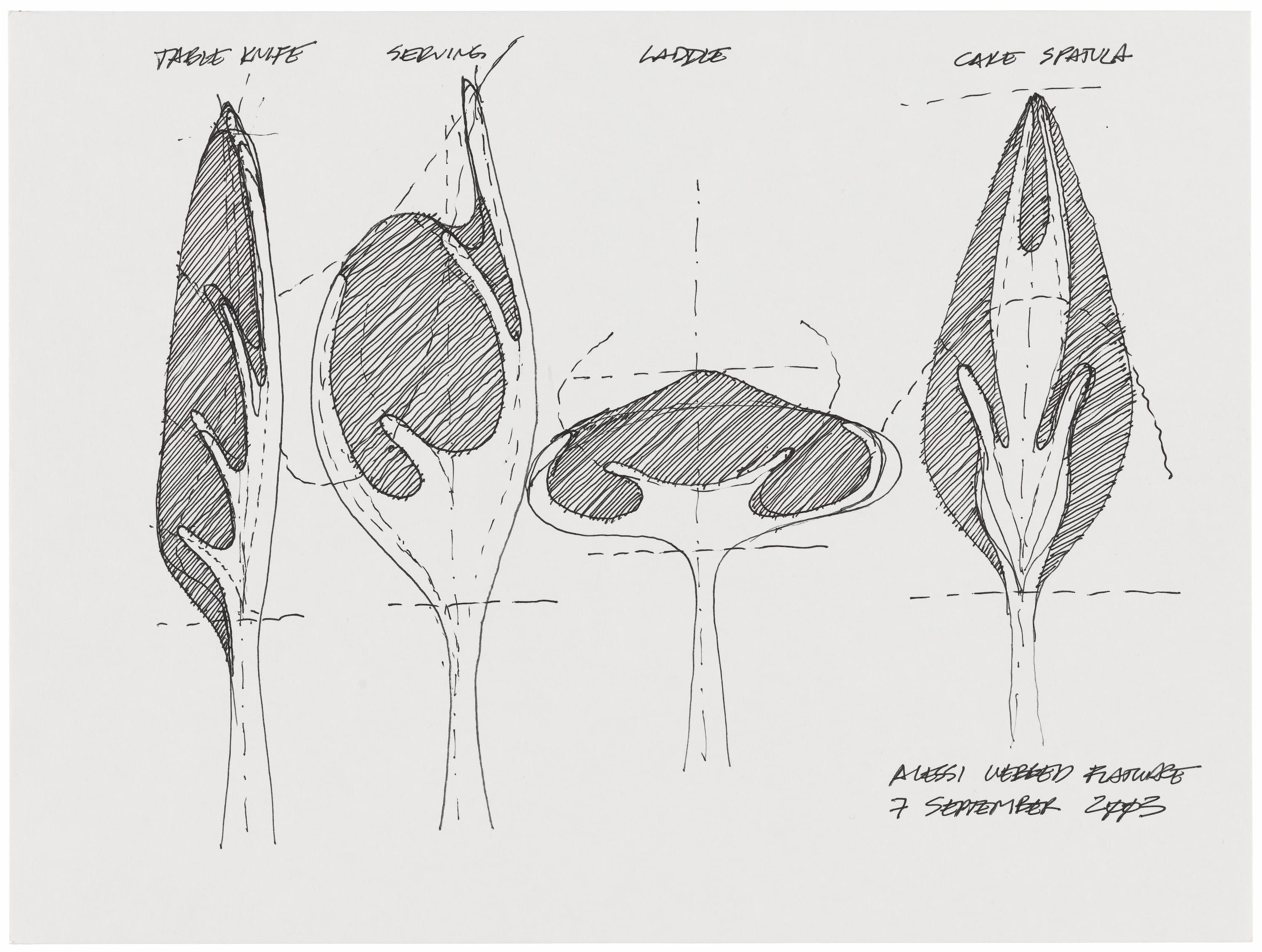 Black ink sketch of four pieces of flatware. From left to right: a “table knife,” a “serving” utensil, a “ladle,” and a “cake spatula.” The bottom righthand corner reads: “Alessi Webbed Flatware, 7 September 2003.”