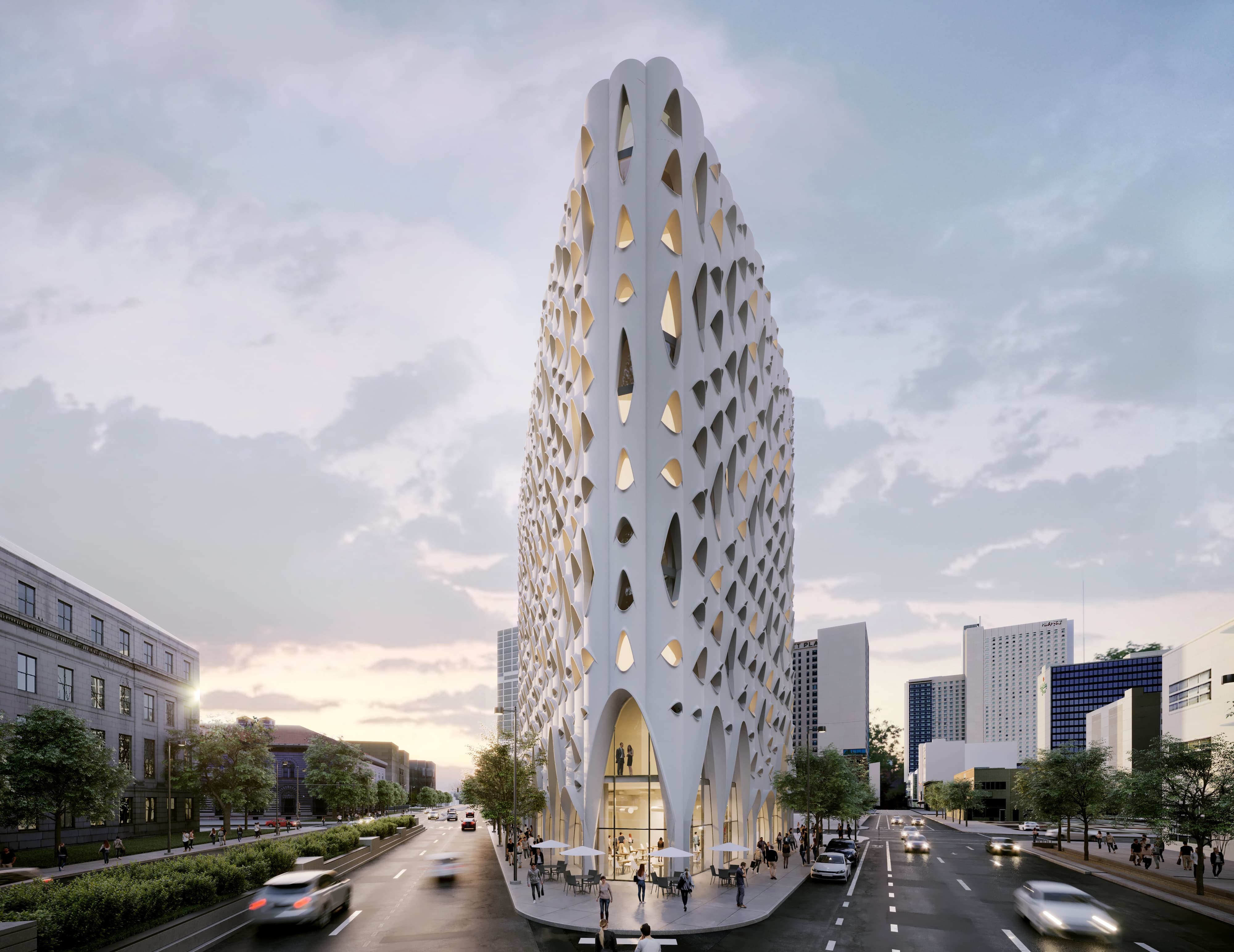 Digital rendering of a white building with architecture inspired by the Aspen tree. It is between two one-way streets, with cars going in different directions