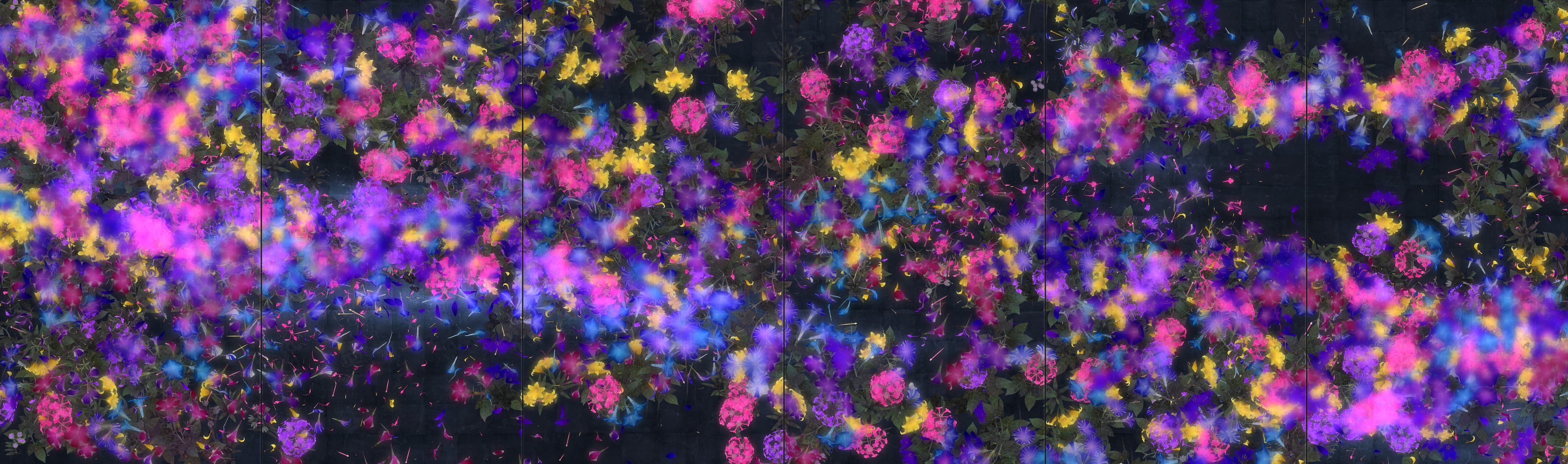 Interactive digital installation made up of large vertical, adjacent screens. Brightly colored flowers grow then shed their petals, which float away.
