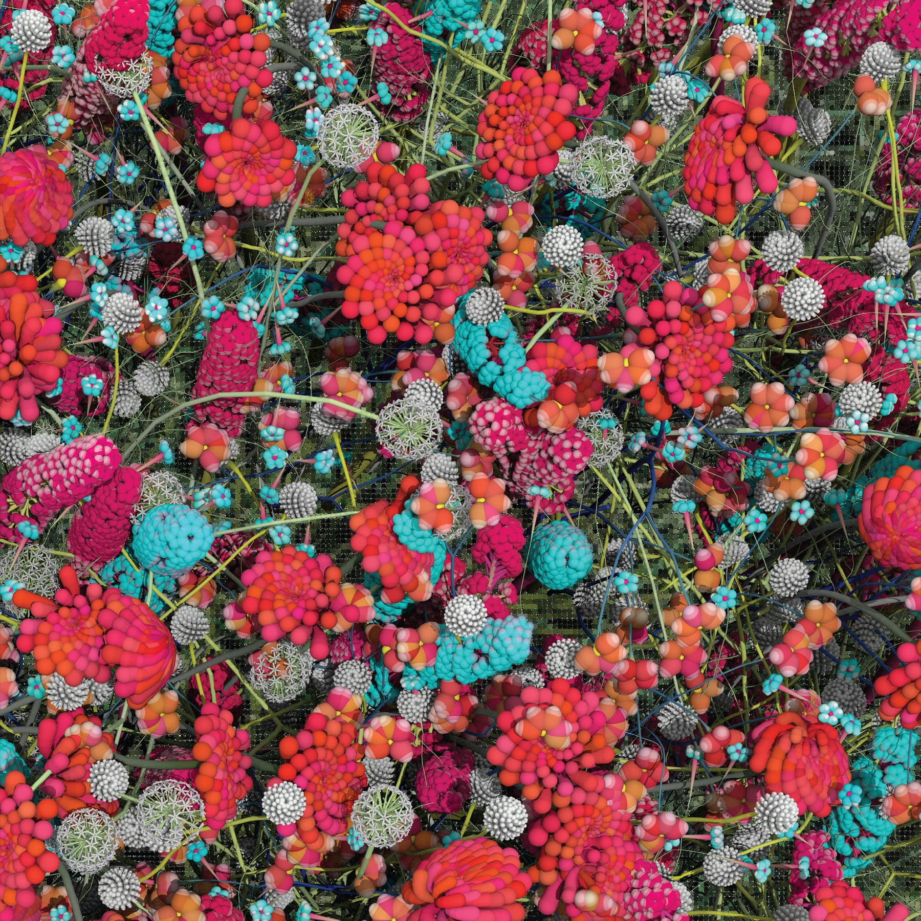An acrylic mirror with vinyl on top from Wall Flowers. The image shows plant-like animation in bright reds, blues, and whites. The vinyl is a still from a computer-generated animation.