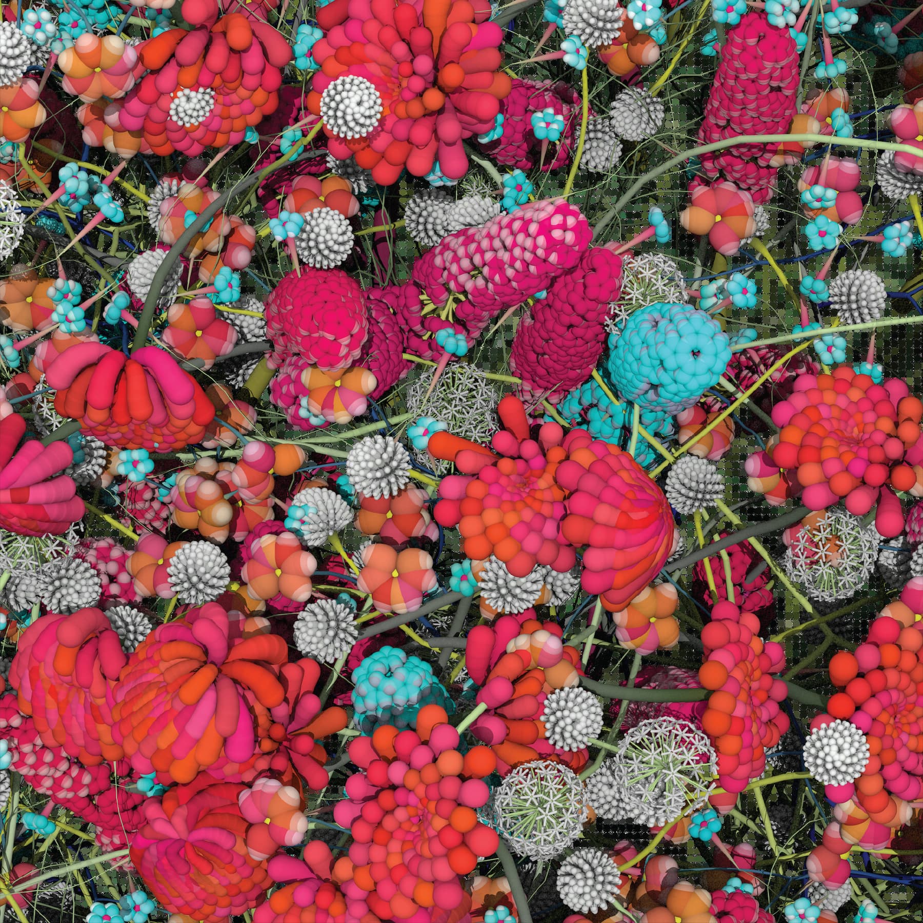 An acrylic mirror with vinyl on top from Wall Flowers. The image shows plant-like animation in bright reds, blues, and whites. The vinyl is a still from a computer-generated animation.