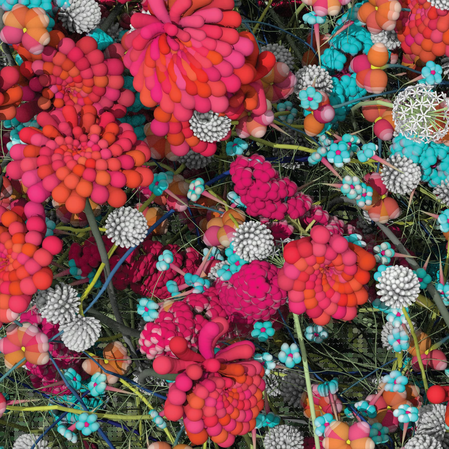 An acrylic mirror with vinyl on top from Wall Flowers. The image shows plant-like animation in bright reds, blues, and whites. The vinyl is a still from a computer-generated animation.
