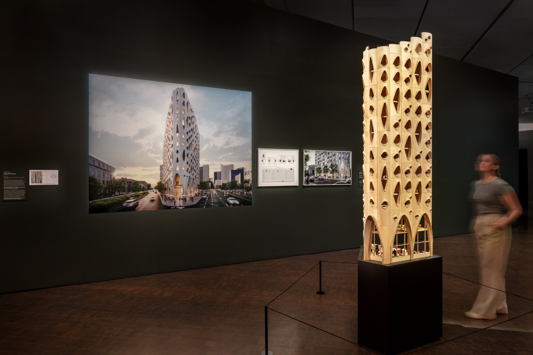A person views a tall architectural model of a building with windows that evoke aspen trees. A large color photograph of the actual building hangs on a wall alongside a framed image of an elevation of the building and another of the building's entrance.